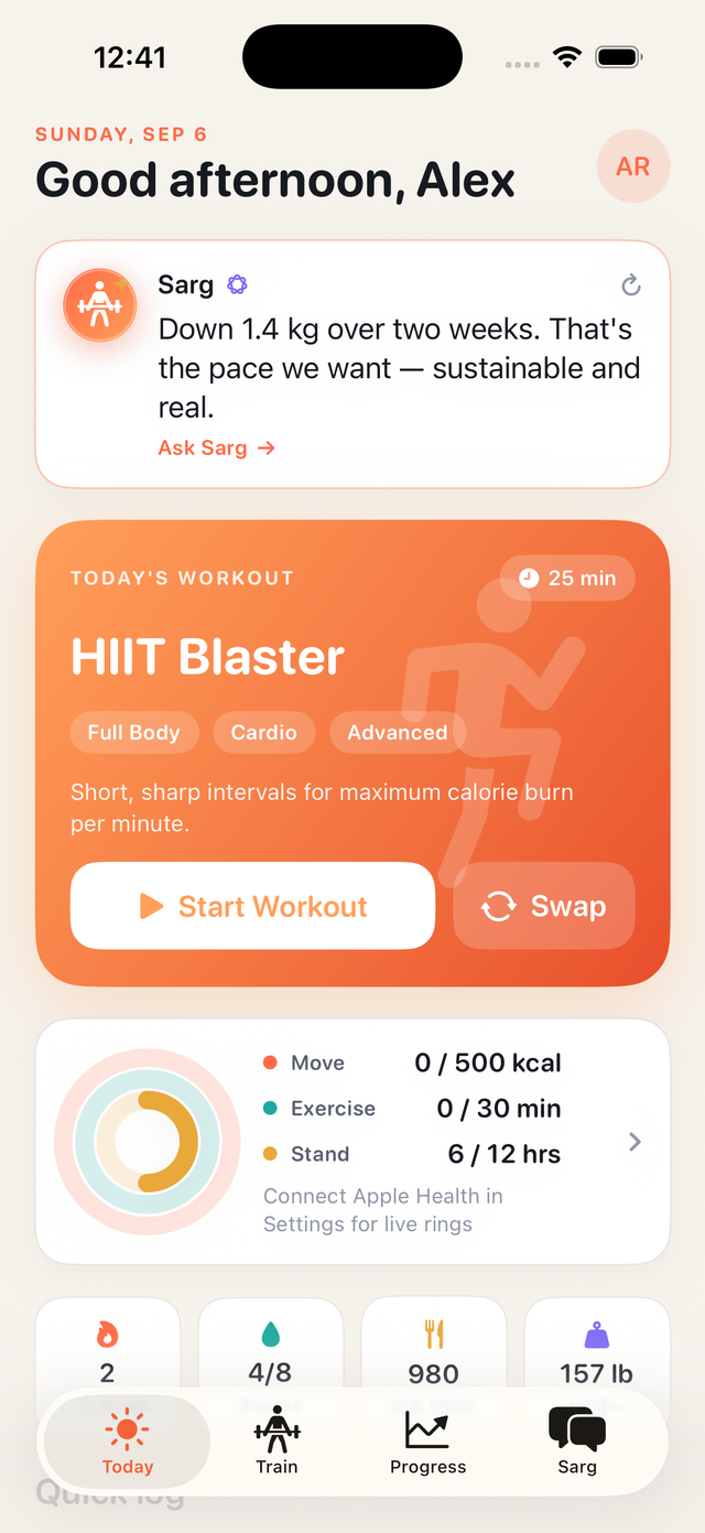 Chat with Sarg about soreness and today's plan