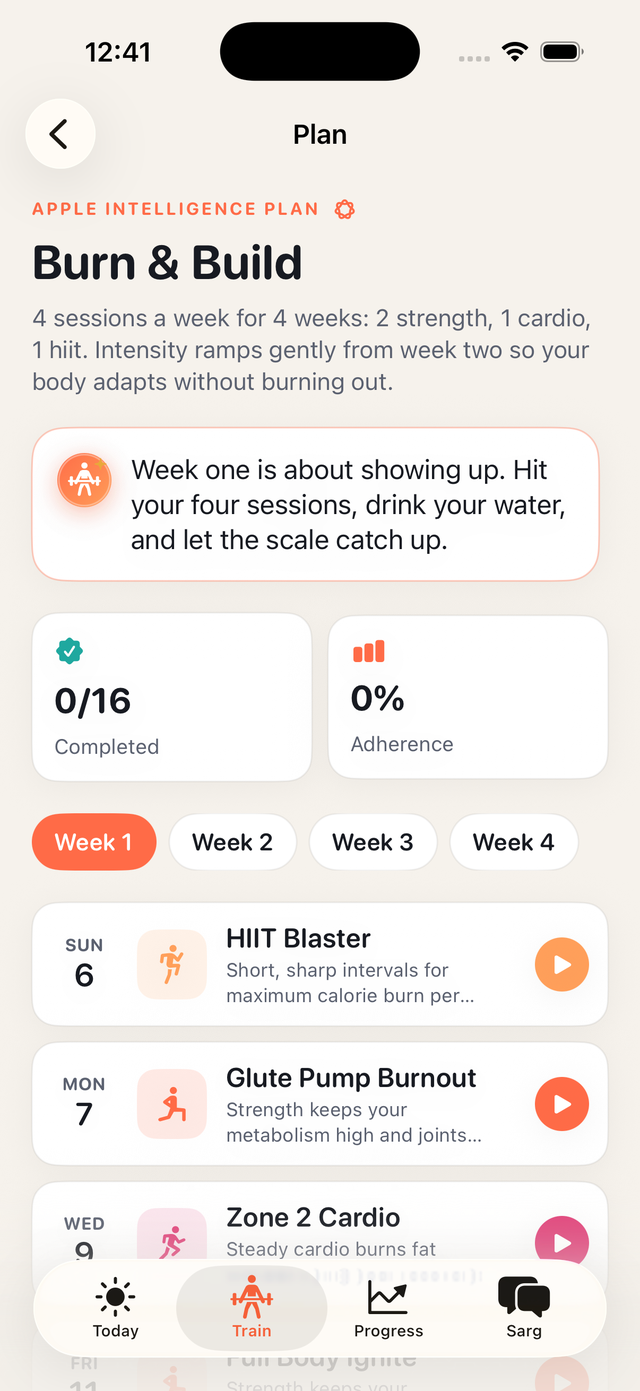 Four-week plan overview generated by Apple Intelligence