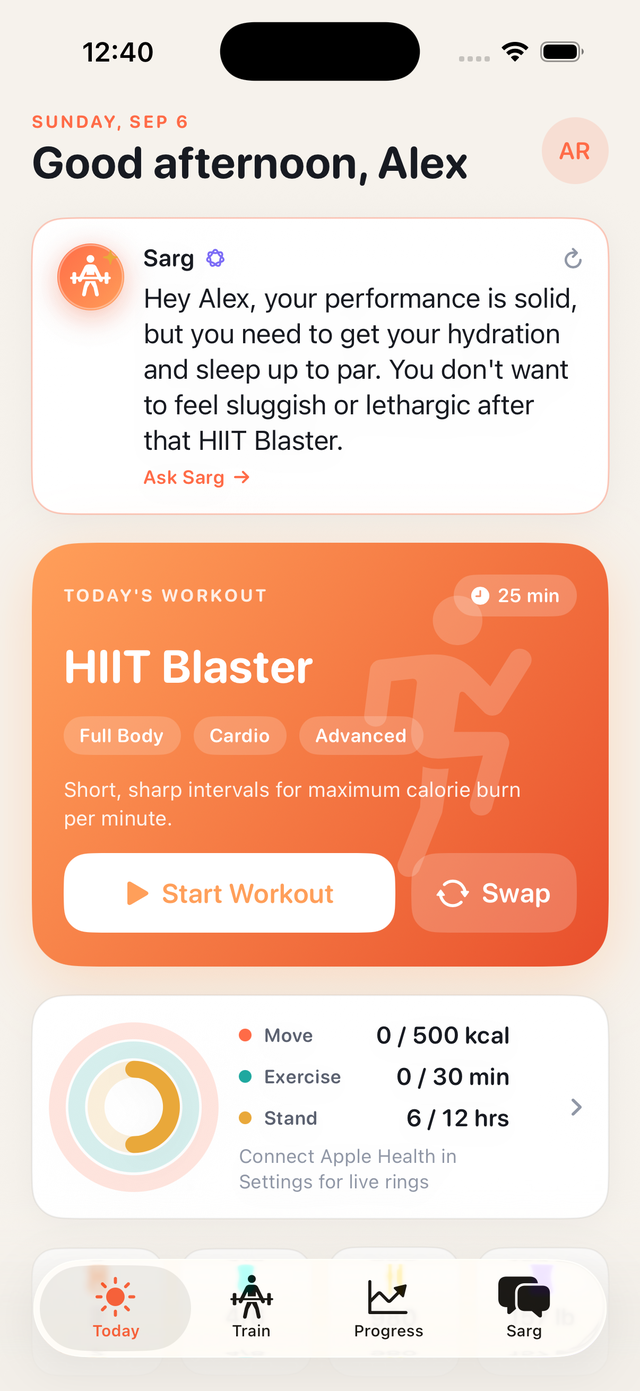 Today screen with Sarg's daily nudge, today's workout, and activity rings