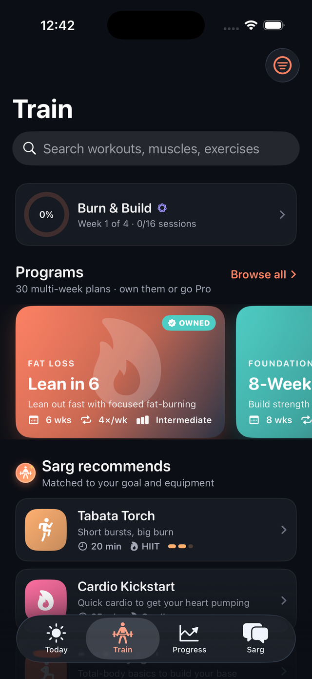Train tab in dark mode with programs and recommendations