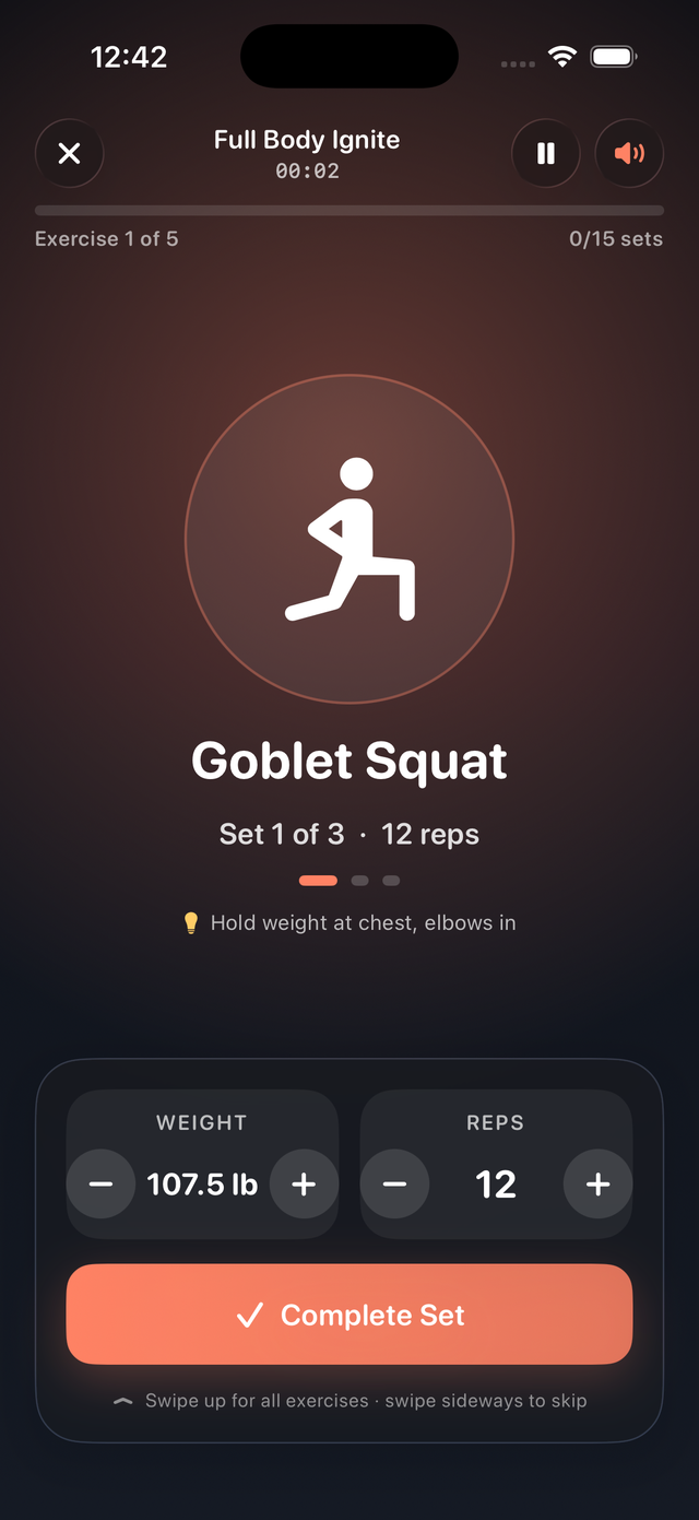Active workout screen showing Goblet Squat with weight and rep steppers